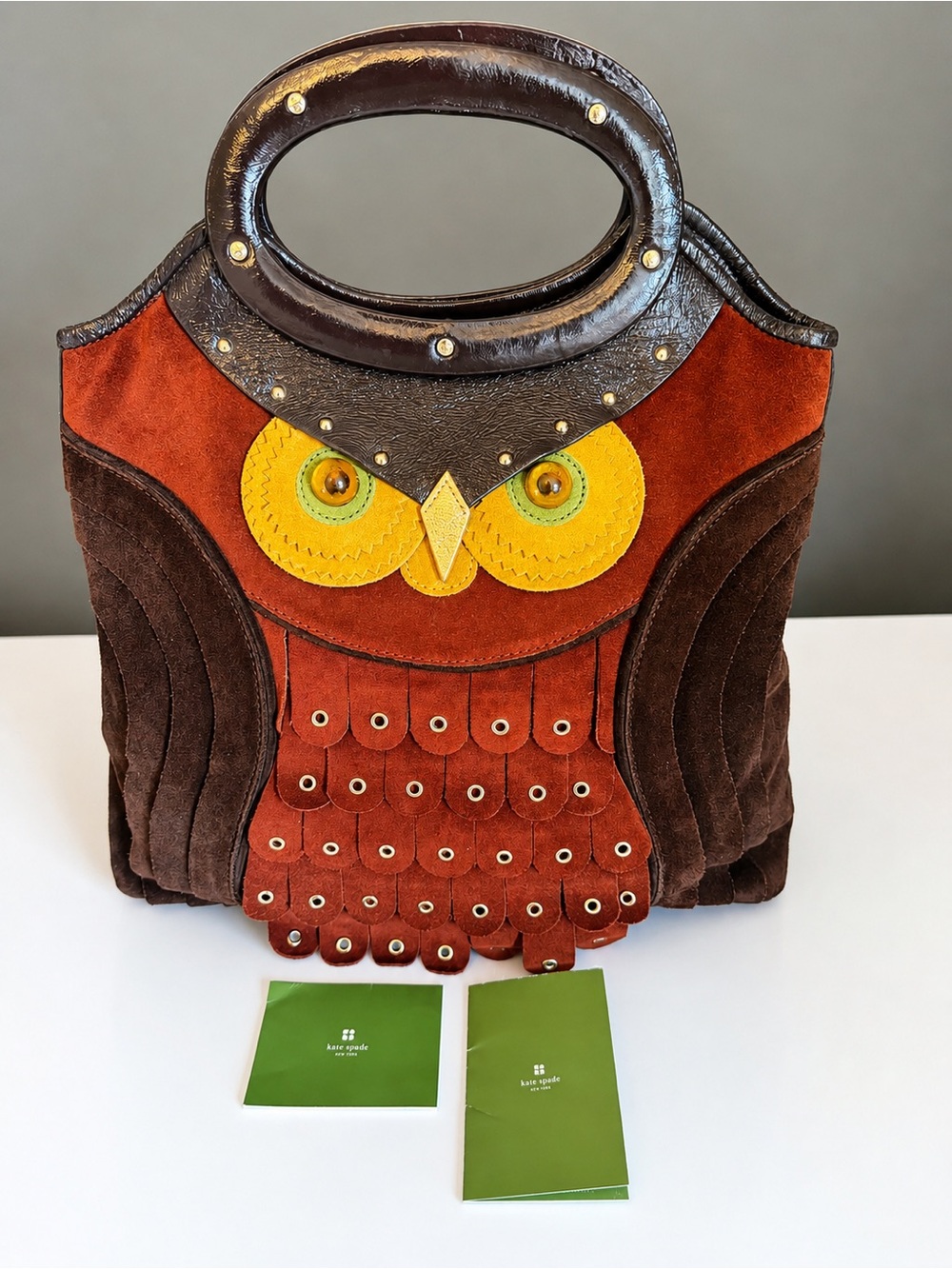 Kate Spade Owl Bag Maximillian Maxwell Brown Suede Patent Handle Tote Vtg MINT